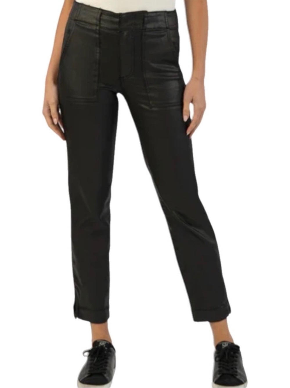 Kut from Kloth Reese Black Coated straight leg Ankle Cropped Pants faux leather